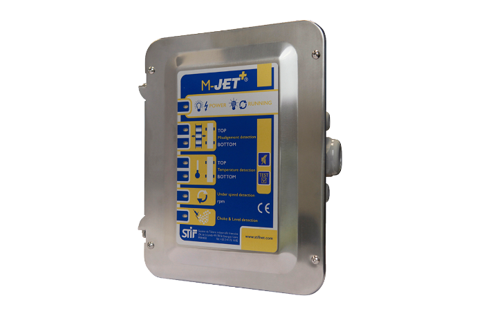 The M-JET +  system boasts a robust casing, ensuring durability and protection from dust and water. It features a dashboard with LED indicators for easy monitoring. Additionally, it includes sensors for belt speed, chain elongation, belt alignment, follower shaft position, choke and level, as well as bearing temperature. With a convenient work stand by the conveyor and running status indicators, our system ensures efficient and reliable operation. 