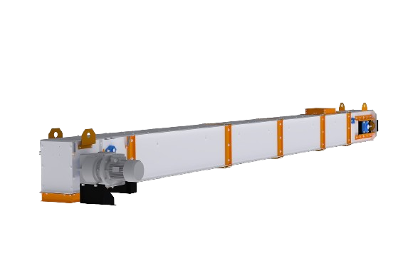 The scraper or chain conveyor is a seamless transport system where bulk cargoes smoothly navigate a secure chute. Traction chain-mounted scrapers navigate through a bulk cargo layer, enabling transportation in horizontal, inclined (up to 45°), and combined horizontal-inclined positions.