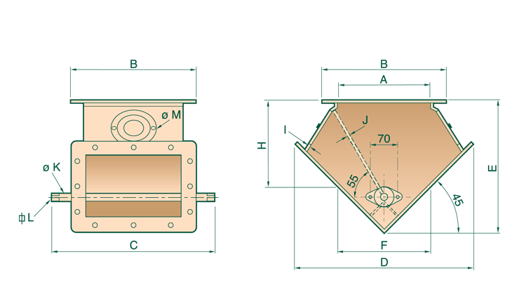 Standard finish: one-coat paint RAL 7032;  Compliance with ATEX Directive standards for Zone 21;  Shaft installed with ball bearing;  Galvanized steel inspection lid;  Flap that can be dismantled with permanent pressure dustproofness by high resistance dynamic gasket;  Dust protection through using high-resistance dynamic sealing;  Constructed from durable steel;  Designed for the processing of bulk materials;  Particularly effective for the transportation of grain products;  Particle size during disassembly - from 0.5 mm;  Square section with a window size of 400×400 mm;  45° tilt angle;  Valve body thickness – 5 mm.