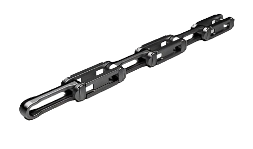 Rivetless chains, with a robust and simple construction, offers a favorable strength-to-weight ratio, making it suitable for overhead trolleys, scraper flights, and assembly conveyors. Both Standard and X styles are available in alloy steel. The X series provides bi-directional flexing, making it ideal for overhead systems with vertical curves. Numerous attachments are available, allowing for a wide range of applications.