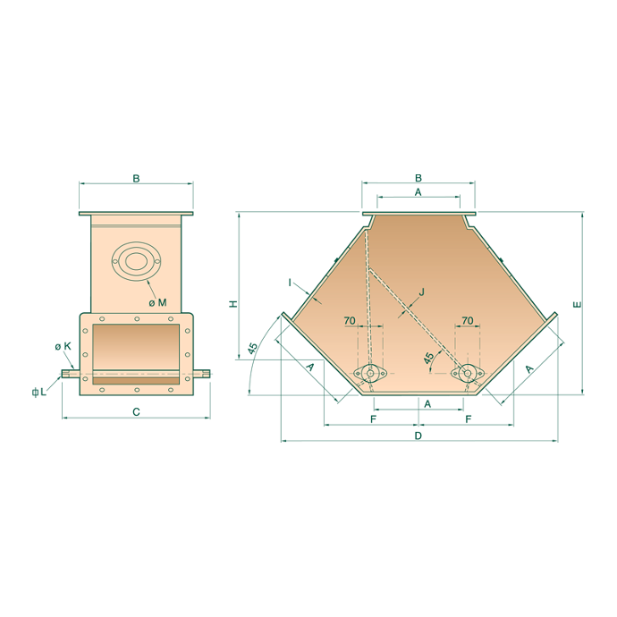 Standard finish: one-coat paint RAL 7032;  Compliance with ATEX Directive standards for Zone 21;  Shaft installed with ball bearing;  Galvanized steel inspection lid;  Flap that can be dismantled with permanent pressure dustproofness by high resistance dynamic gasket;  Dust protection through using high-resistance dynamic sealing;  Constructed from durable steel;  Designed for the processing of bulk materials;  Particularly effective for the transportation of grain products;  Particle size during disassembly - from 0.5 mm;  Square section with a window size of 450×450 mm;  45° tilt angle;  Valve body thickness – 5 mm.