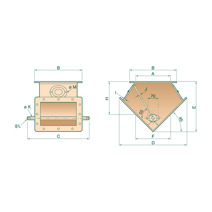 Standard finish: one-coat paint RAL 7032;  Compliance with ATEX Directive standards for Zone 21;  Shaft installed with ball bearing;  Galvanized steel inspection lid;  Flap that can be dismantled with permanent pressure dustproofness by high resistance dynamic gasket;  Dust protection through using high-resistance dynamic sealing;  Constructed from durable steel;  Designed for the processing of bulk materials;  Particularly effective for the transportation of grain products;  Particle size during disassembly - from 0.5 mm;  Square section with a window size of 400×400 mm;  45° tilt angle;  Valve body thickness – 5 mm.