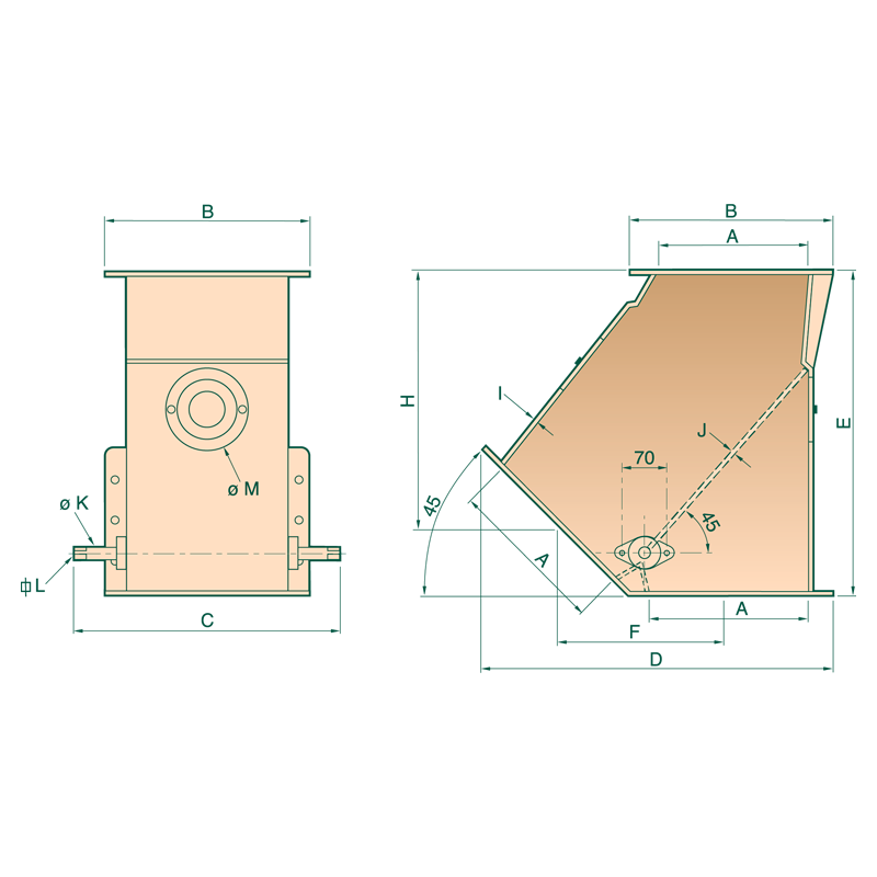 Standard finish: one-coat paint RAL 7032;  Compliance with ATEX Directive standards for Zone 21;  Shaft installed with ball bearing;  Galvanized steel inspection lid;  Flap that can be dismantled with permanent pressure dustproofness by high resistance dynamic gasket;  Dust protection through using high-resistance dynamic sealing;  Constructed from durable steel;  Designed for the processing of bulk materials;  Particularly effective for the transportation of grain products;  Particle size during disassembly - from 0.5 mm;  Square section with a window size of 200×200 mm;  45° tilt angle;  Valve body thickness – 3 mm.