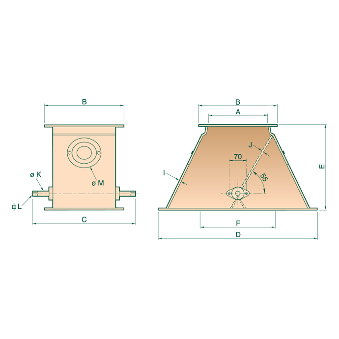 Standard finish: one-coat paint RAL 7032;  Compliance with ATEX Directive standards for Zone 21;  Shaft installed with ball bearing;  Galvanized steel inspection lid;  Flap that can be dismantled with permanent pressure dustproofness by high resistance dynamic gasket;  Dust protection through using high-resistance dynamic sealing;  Constructed from durable steel;  Designed for the processing of bulk materials;  Particularly effective for the transportation of grain products;  Particle size during disassembly - from 0.5 mm;  Square section with a window size of 300×300 mm;  45° tilt angle;  Valve body thickness – 4 mm.