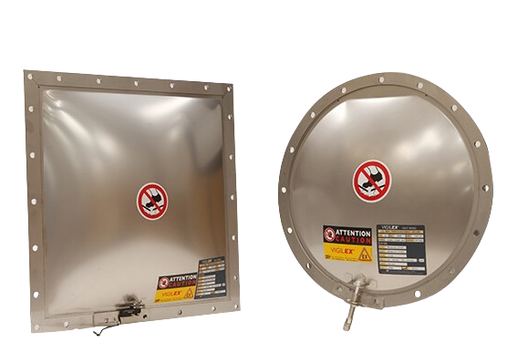 VIGILEX VD: a dome panel designed for vacuum and pulsating processes to protect plants. Its dome structure suits pneumatic-driven vessels like vibrating filters and cyclones. With a ready-to-install built-in flange and included sealing, VIGILEX VD ensures safety compliance and offers high mechanical strength with effective dust protection.