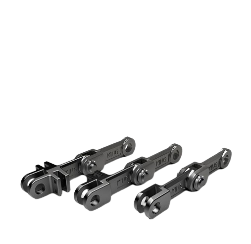 The forged fork link chain stands out as a reliable conveyor with versatility, strength, and abrasion resistance; double strand assemblies feature a standard format with a forged "double clevis" for scraper attachment, and for extra-wide flights, the triple link is available, enabling three chain strands up to 3100 mm overall when combined with the double on perimeters.