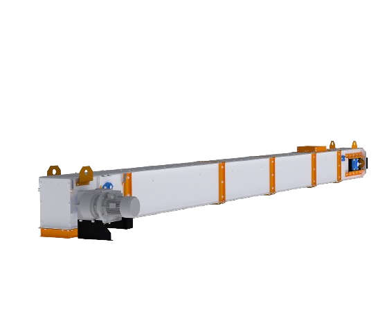 The scraper or chain conveyor is a seamless transport system where bulk cargoes smoothly navigate a secure chute. Traction chain-mounted scrapers navigate through a bulk cargo layer, enabling transportation in horizontal, inclined (up to 45°), and combined horizontal-inclined positions.The raw material is loaded into the enclosed casing, and the product is then transported to the discharge area by the pulling conveyor  section, which consists of a chain with cleats.