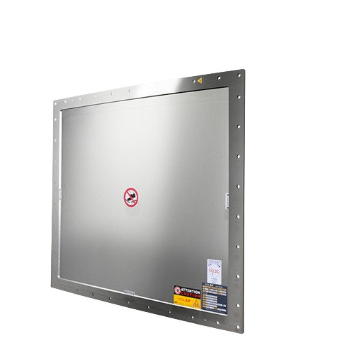 Specifically designed for hygienic applications in the food and pharmaceutical industries, VIGILEX VL SANITARY 1020×1020 explosion vent panels offer protection for systems operating under low vacuum or working pressure (up to 50% of static burst pressure). With its advanced design and integrated flange providing coverage for the rupture point, VIGILEX VL SANITARY ensures high mechanical strength and optimal dust protection. Standard burst pressure is 0.1 bar (max. 0.5 bar) at 22°C.