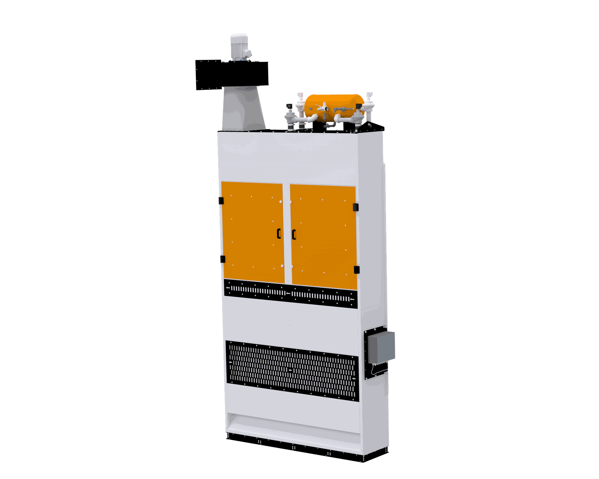 In our system, dusty air from the receiving hopper enters the dusty air chamber, where dust settles on filter elements. Purified air then flows into a separate chamber and is released into the atmosphere through an exhaust fan. Our regeneration system ensures accumulated dust on filter elements is reintegrated into the product, ensuring continuous operation.