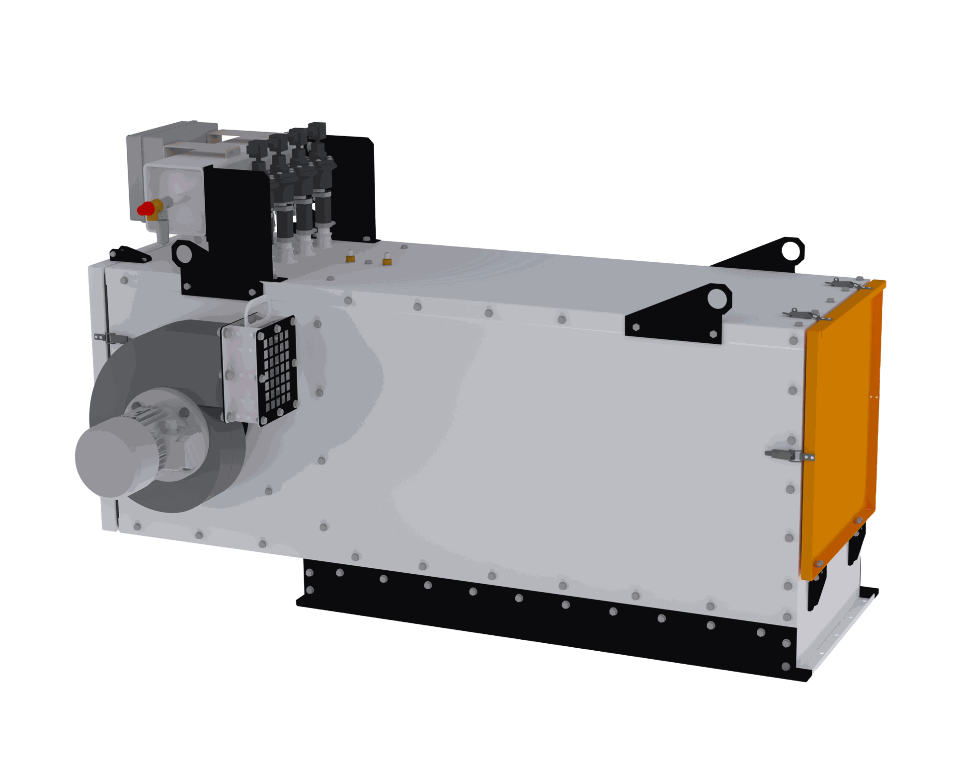 Dusty air enters, filters through elements, collecting dust. Clean air is released via an exhauster fan. Remaining dust is disposed of through a regeneration system. Outlet unit releases dust into the collection chamber or back into the industrial process.