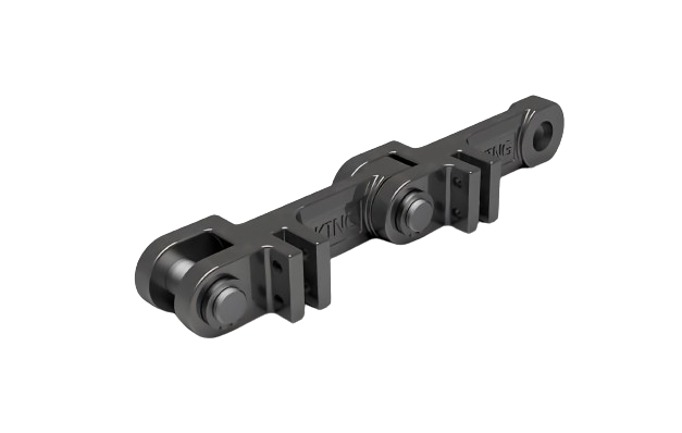 For the dual strand, we offer a variety of links adhering to the standard format but featuring a forged "double clevis" for the attachment of a scraper. The flight blade can be secured using either a U-bolt or conventional fasteners. This chain incorporates built-in clearance between strands, mitigating potential issues associated with mismatch.