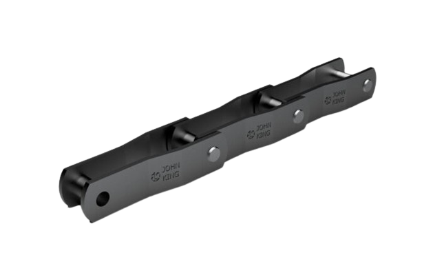 Directly replaces Metric standard DIN 8167 with up to 65% increased tensile strength compared to M series chain. Features welded bush for enhanced shock resistance, through-hardened parts, and surface induction hardening. Crank link design akin to US standard ISO DP6972 offers maintenance advantages. Allows induction hardening of sliding surfaces and optional grease lubrication. Simplifies maintenance with the removal of just one offset link.