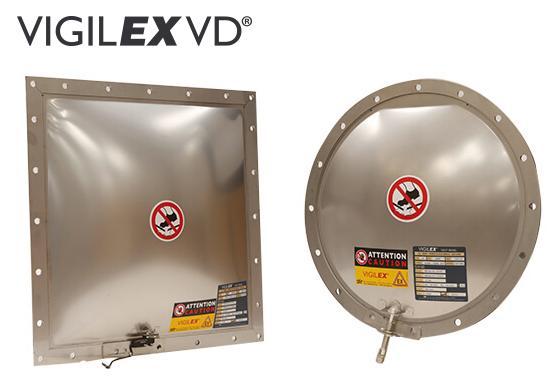 Specifically designed for plant protection during vacuum and pulsating processes, VIGILEX VD is a dome-shaped panel ideal for pneumatic drive vessels like filters and cyclones prone to strong vibrations. With its integrated flange and provided sealing, VIGILEX VD ensures compliance with safety standards and guarantees high mechanical durability, offering optimal dust protection. The standard burst pressure is 0.1 bar (max. 0.5 bar) at 22°C (72°F).